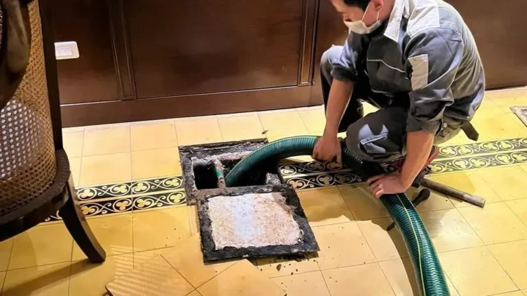 Xe hút chân không Rút hầm cầu Tân Uyên đang thi công tại nhà dân